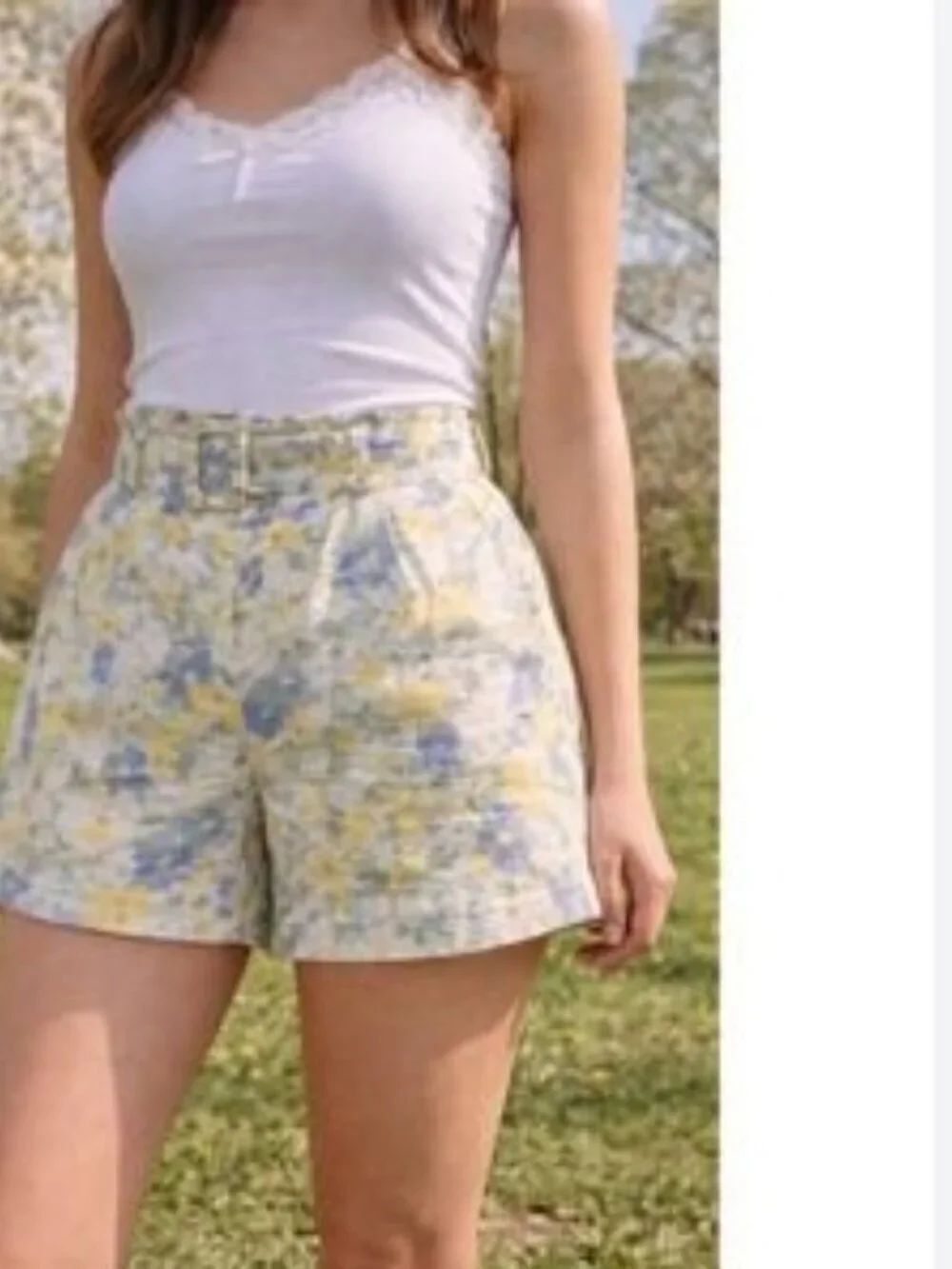 NWT ABERCROMBIE & FITCH Floral Belted Linen Blend Shorts - Yellow & Blue in L